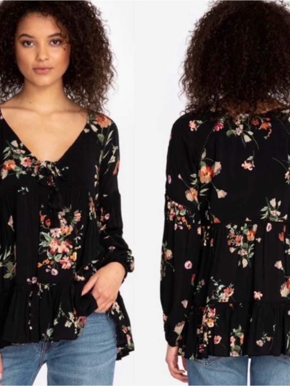 Johnny was Jade Black Floral V-Neck Tiered Tunic